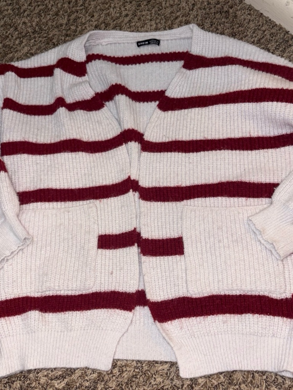 SHEIN White & Burgundy Striped Open-Front Cardigan